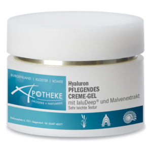 Runder Cremetiegel mit Aufschrift "Hyaluron PFLEGENDE CREME-GEL", hellblauem und weißem Design, einfache Öffnung.