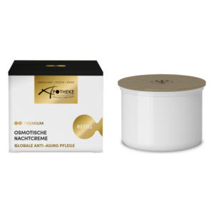 Eine Verpackung und ein Behälter für osmotische Nachtcreme mit einem Holztlid und goldenen Akzenten.