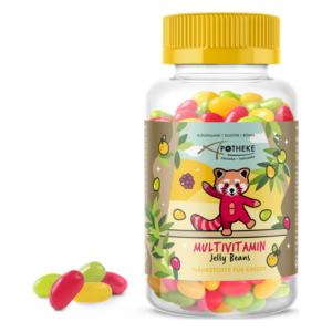 Ein transparenter Behälter mit bunten Gummibärchen und gelbem Deckel, etikettiert mit 'Multivitamin Jelly Beans für Kinder'.