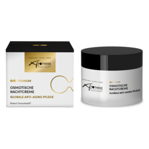 Verpackung und Dose der osmotischen Nachtcreme mit dem Label "Globale Anti-Aging Pflege" von Xpothek.