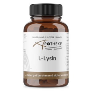 Braune Glasflasche mit schwarzem Deckel, enthält L-Lysin Kapseln, etikettiert mit Apotheke Logo.