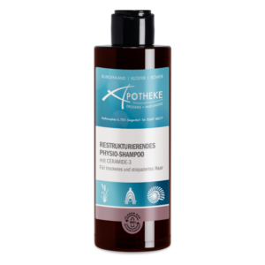 Braune Flasche mit restrukturierendem Physio-Shampoo, enthält Ceramide-3 für trockenes Haar.