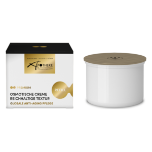 Weißer Behälter mit braunem Deckel und schwarzer Verpackung, enthält ölmimetische Anti-Aging-Creme.