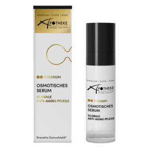 Osmotisches Serum in einem eleganten Pumpflakon neben der Verpackung mit goldenen Akzenten und Informationen zur Anti-Aging Pflege.