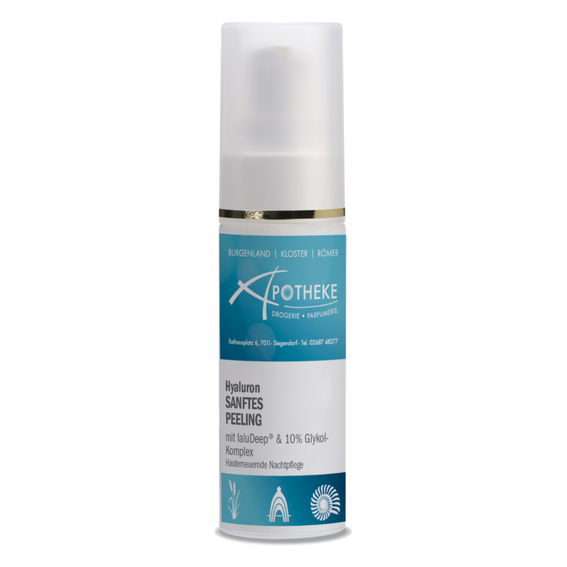 Pumpflasche mit Hyaluron Sanftes Peeling, enthält laluDeep® und 10% Glykol-Komplex für die Hautpflege.