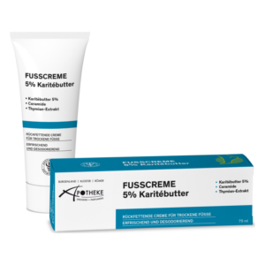 Fusscreme mit 5% Karitébutter in einer Tube und einer Verpackung, enthält Ceramide und Thymian-Extrakt.