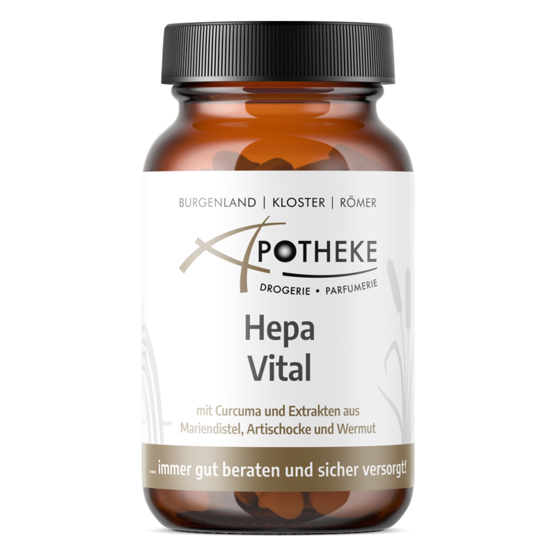 Braunes Glasgefäß mit schwarzem Deckel, etikettiert als "Hepa Vital" mit Inhaltsstoffen wie Curcuma und Artischocke.