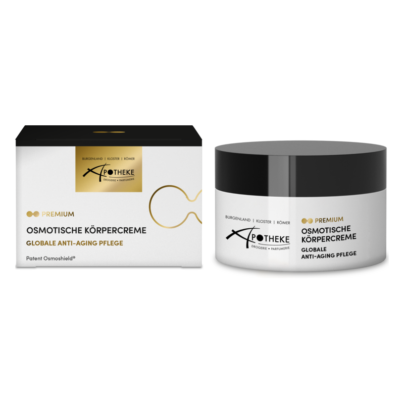 Premium osmotische Körpercreme in einer runden Dose neben einer eleganten Verpackung mit goldenen Akzenten.