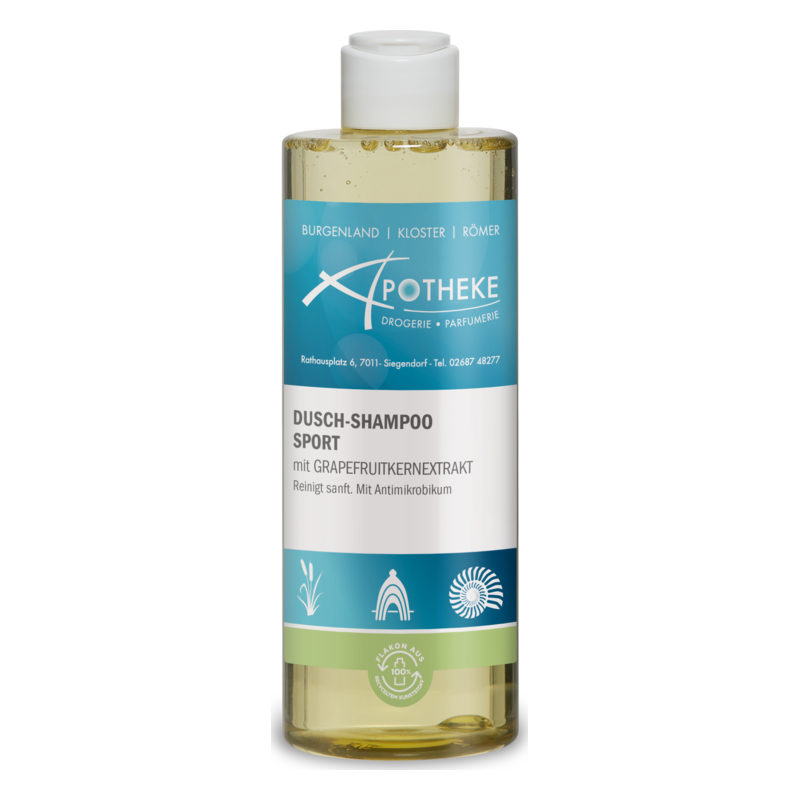 Flasche Dusch-Shampoo Sport mit Grapefruitkernextrakt, antibakterieller Wirkung, in klarer Verpackung.