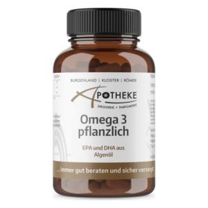 Braune Verpackung mit einem schwarzen Deckel, enthält Omega 3 Kapseln aus Algenöl, mit klarer Beschriftung.