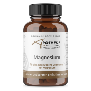 Brauner Glasbehälter mit schwarzem Deckel, der Magnesium-Kapseln enthält und eine klare Produktbezeichnung hat.