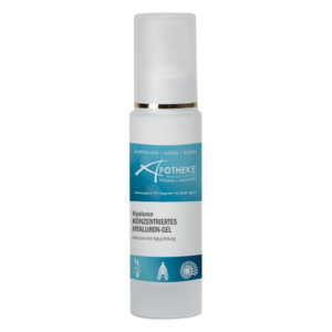 Flasche mit Hyaluron Gel für intensive Anti-Aging Wirkung, mit blauer und weißer Beschriftung.