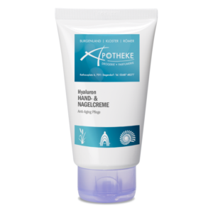 Tube mit Hyaluron Hand- und Nagelcreme, Anti-Aging Pflege, schlichtes Design in Weiß und Blau.