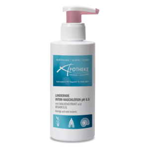 Flasche mit lindernder Intim-Waschlotion pH 6.5, enthält Malvenextrakt und Bisabolol, mit Pumpspender.