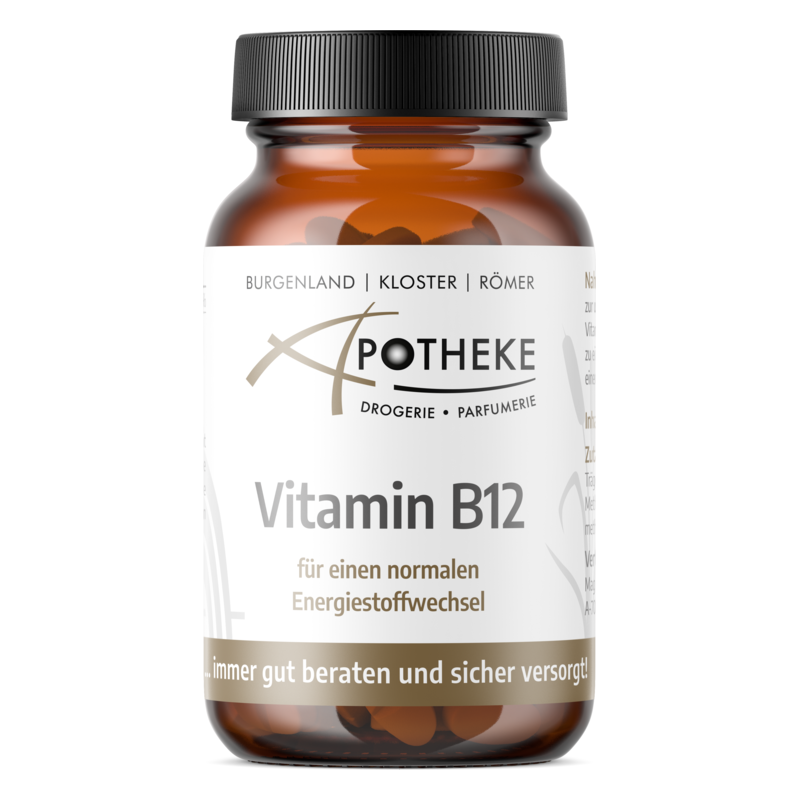 Braunes Glasgefäß mit schwarzem Deckel, etikettiert mit 'Vitamin B12' für den Energiestoffwechsel.
