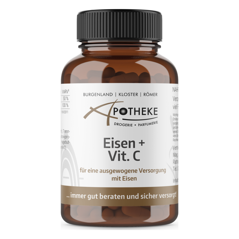 Braune Flasche mit Vitaminen, beschriftet mit "Eisen + Vit. C" für ausgewogene Eisenversorgung.