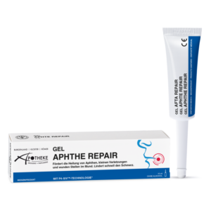Farbloses Gel in einer weißen Tube mit blauer Kappe, verpackt in einer dazu passenden Schachtel, zur Behandlung von Aphten.