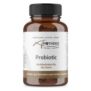 Braune Glasflasche mit schwarzem Deckel, enthält Probiotika für das Wohlbefinden des Darms.