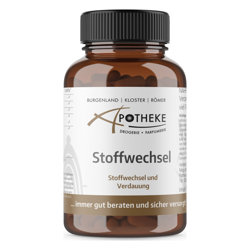 Braune Tablettenflasche mit schwarzem Deckel, Etikett für Stoffwechsel und Verdauung.