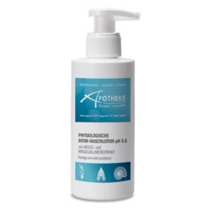 Flasche mit physiologischer Intim-Waschlotion pH 5.5, enthält Moos- und Ringelblumenextrakt, Pumpspender.
