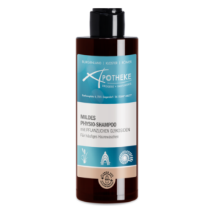 Flasche mildes Physio-Shampoo mit pflanzlichen Glykosiden, geeignet für häufiges Haarewaschen, in brauner Verpackung.