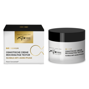 Verpackung einer osmotischen Anti-Aging-Creme in einem schwarzen und goldenen Karton sowie einem Glastiegel mit schwarzem Deckel.