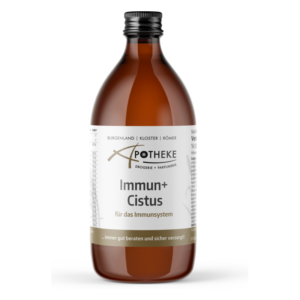 Braune Flasche mit schwarzem Verschluss, beschriftet mit "Immune+ Cistus für das Immunsystem"
