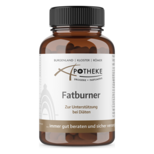 Braune Glasflasche mit schwarzem Deckel, Etikett weist auf Fatburner zur Unterstützung von Diäten hin.