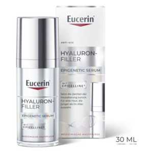 Glasflasche mit Eucerin Hyaluron-Filler Epigenetic Serum in einer schützenden Verpackung, anti-aging Produkt.