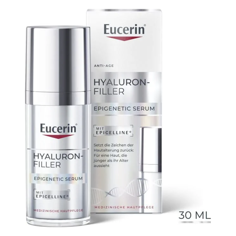 Glasflasche mit Eucerin Hyaluron-Filler Epigenetic Serum in einer schützenden Verpackung, anti-aging Produkt.