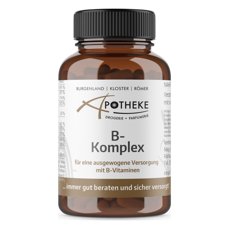 Braune Flasche mit schwarzem Deckel, enthält B-Komplex Vitamine und hat eine informative Etikettierung.