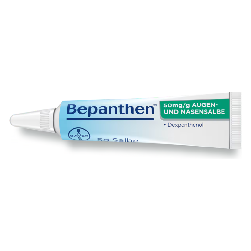 Tube mit Bepanthen Augen- und Nasensalbe, 50 mg/g, mit Hinweis auf Dexpanthenol, im handlichen Format.