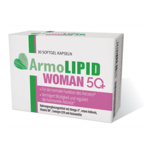 Verpackung mit Softgel-Kapseln ArmoLIPID WOMAN 5Q+, betont Herzfunktion und hormonelle Aktivität.