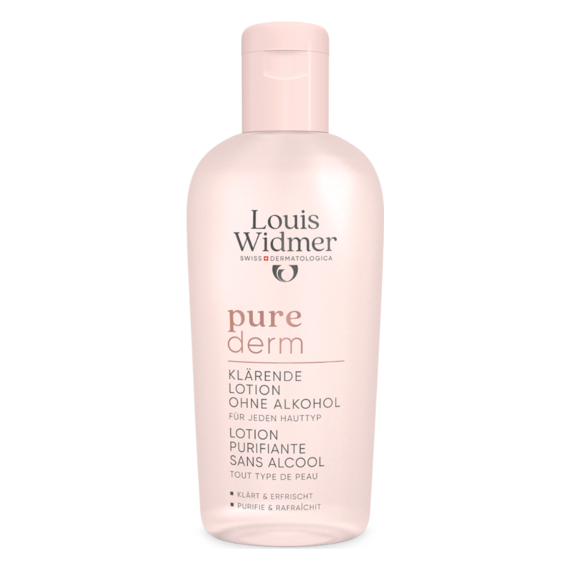 Flasche mit klarer, alkoholfreier Lotion von Louis Widmer. Rosa Verpackung mit Informationen zur Anwendung für jeden Hauttyp.