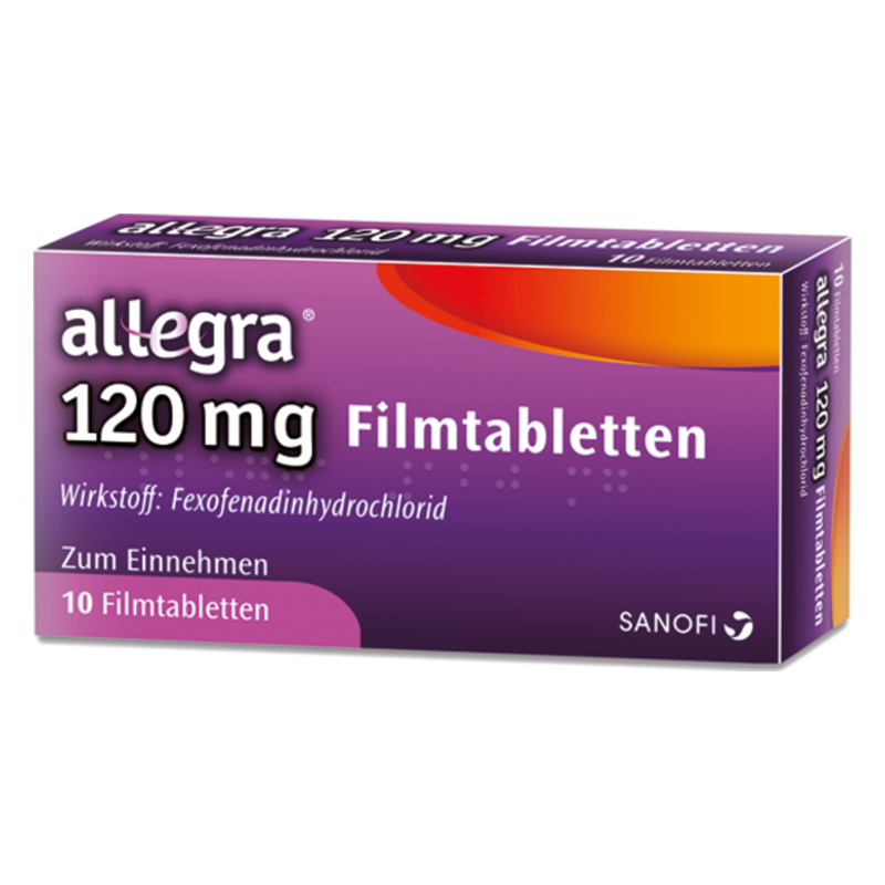 Verpackung von Allegra 120 mg Filmtabletten mit der Angabe des Wirkstoffs Fexofenadinhydrochlorid.