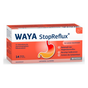 Packung von WAYA StopReflux zur Behandlung von Refluxkrankheit mit Ice Lemon Geschmack, 14 Beutel à 10,8 g.