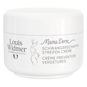 Weisse Creme-Dose mit dem Aufdruck "Mama Derm Schwangerschaftsstreifen-Creme" von Louis Widmer.