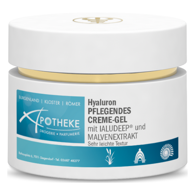 Weißes Cremegel-Produkt mit goldenen Akzenten, enthält Hyaluron, IALUDEEP und Malvenextrakt, sehr leichte Textur.