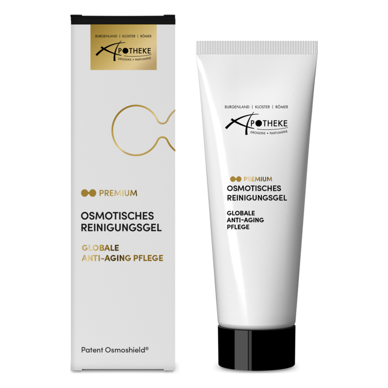 Osmotisches Reinigungs gel in einer weißen Tube neben der Verpackung mit goldenen Akzenten und Produktinformation.