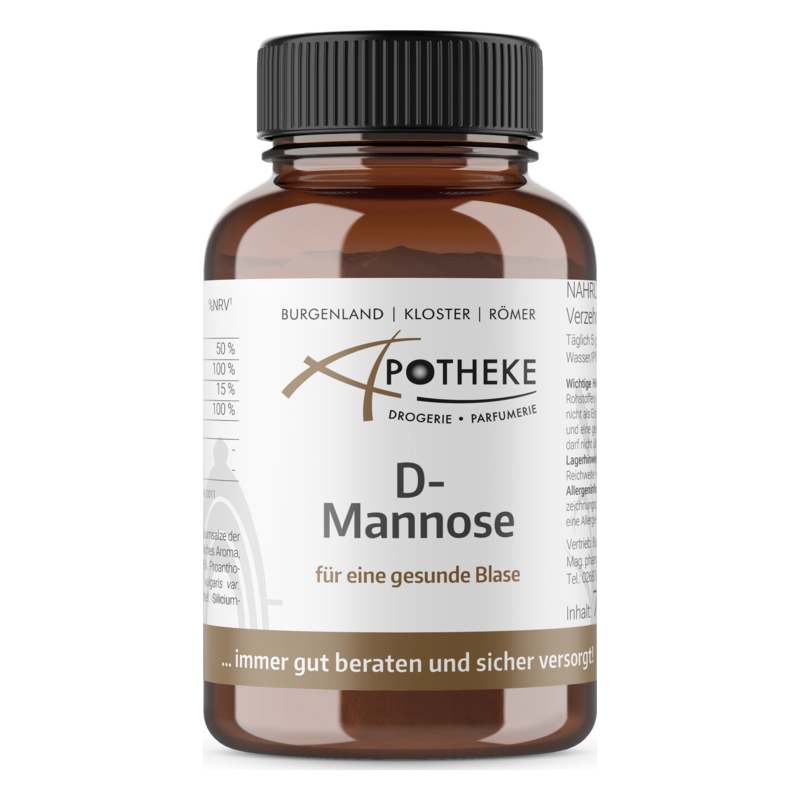 Braune Glasflasche mit schwarzem Deckel, enthält D-Mannose für eine gesunde Blase, mit Nährwertangaben auf dem Etikett.