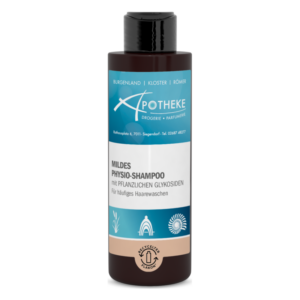 Flasche mildes Physio-Shampoo mit pflanzlichen Glykosiden, geeignet für häufiges Haarwaschen, in braun und blau gestaltet.