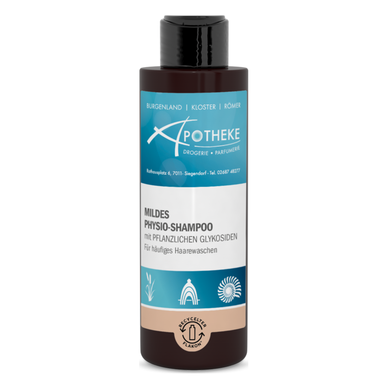 Flasche mildes Physio-Shampoo mit pflanzlichen Glykosiden, geeignet für häufiges Haarwaschen, in braun und blau gestaltet.