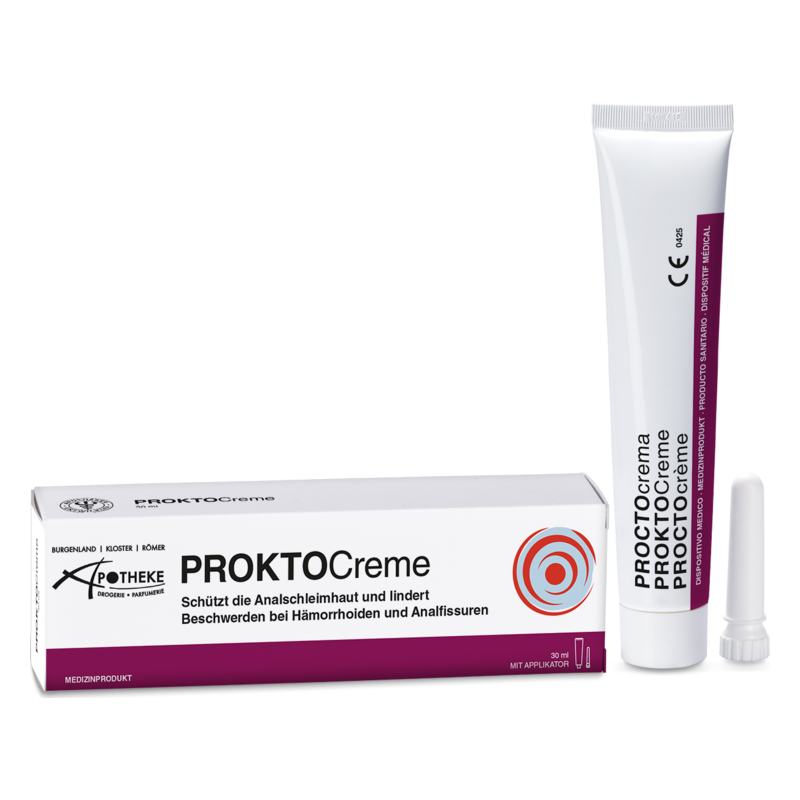 Tube und Verpackung von PROKTOCreme, einem medizinischen Produkt zur Linderung von Beschwerden bei Hämorrhoiden.