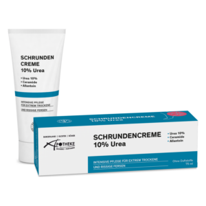 Schrundencreme mit 10% Urea in einer Tube und passenden Kartonverpackung, zur Pflege trockener Haut.