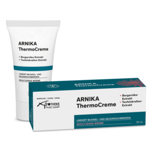 Röhre und Verpackung von ARNIKA ThermoCreme mit den Hinweisen zu Inhaltsstoffen und Anwendung.