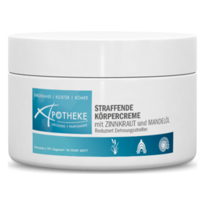 Weiße Dose mit straffender Körpercreme, etikettiert mit Zinkkraut und Mandelöl, reduziert Dehnungsstreifen.