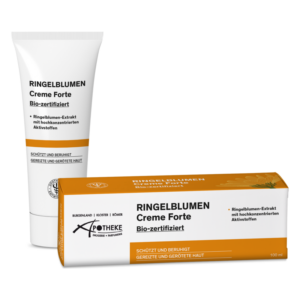 Tube und Verpackung der Ringelblumen Creme Forte, bio-zertifiziert, mit beruhigenden Inhaltsstoffen für gereizte Haut.