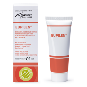 Verpackung und Tube von Eupilen, einer cremeartigen Salbe zur Behandlung von leichten Verbrennungen.