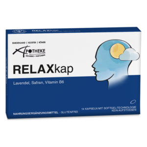 Packung mit 14 Kapseln von RELAXkap, enthält Lavendel, Safran und Vitamin B6, glutenfrei und mit Softgel-Technologie.
