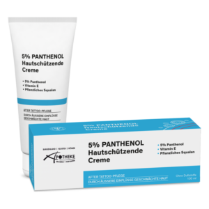 Tube und Verpackung der 5% PANTHENOL Hautschützende Creme, die nach Tattoo-Pflege beworben wird.